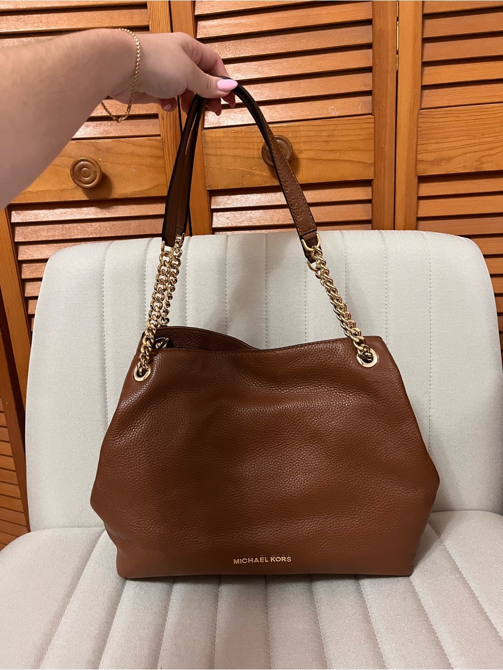 Michael Kors Cognac Brown Pebbled Leather Shoulder Bag with Gold Chain Handles